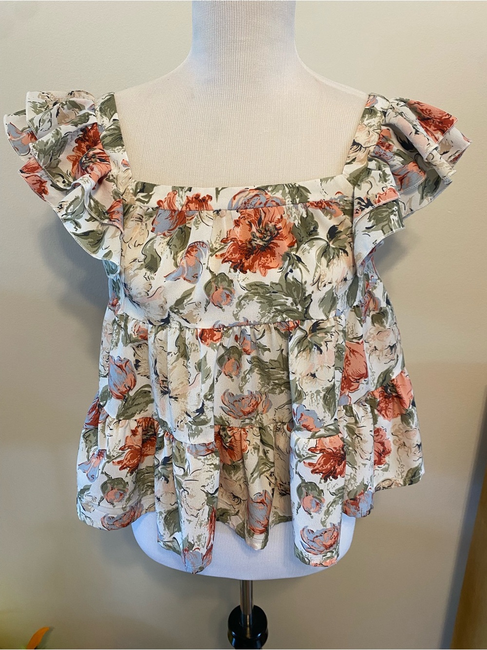 Square-Neck Floral Ruffle Blouse - Cream with Rust & Olive
